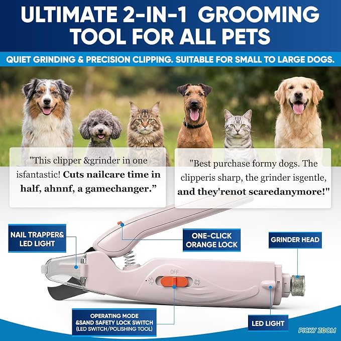2-in-1 Dog & Cat Nail Clippers and Grinder with Light – Safety Guard to Avoid Overcutting, Sharp Blade, Painless Quiet Pet Nail Claw Trimmers, Professional Grooming Tool for Large Small Pets