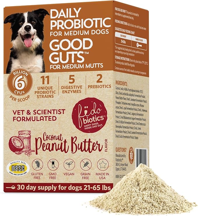 Fidobiotics Good Guts Probiotics for Dogs – Dog Probiotic Powder for Digestive Health, Gas Relief & Firmer Stools, 6B CFUs, Enzymes & Prebiotics, Medium Dogs, Puppies & Adults