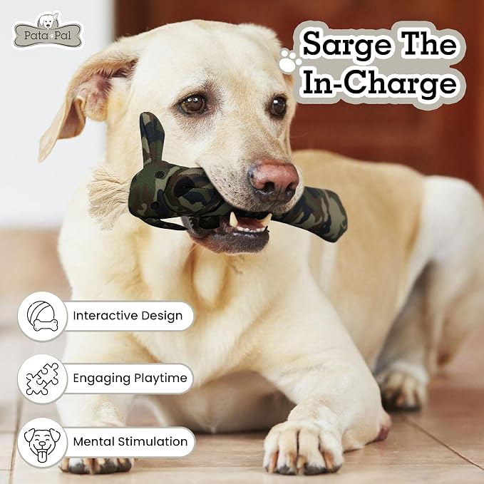Durable Tough Cotton Canvas Squeaky Dog Toys, Eco-Friendly Interactive3-Pack Chew Toy Set for Small, Medium& Large Dogs, Sarge, T-Bone & Pinky