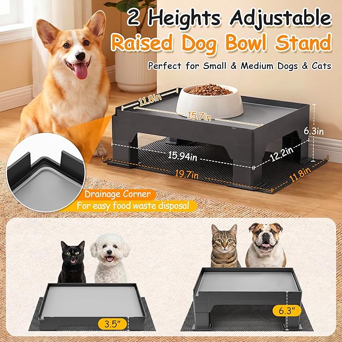 Adjustable Raised Dog Bowl Stand and 100% Waterproof & Non-Slip Mat, Elevated Dog Bowls Stand for Small Medium Sized, Easy-Clean Silicone Pet Food Mat- Neck Strain Relief & Protect Your Floors