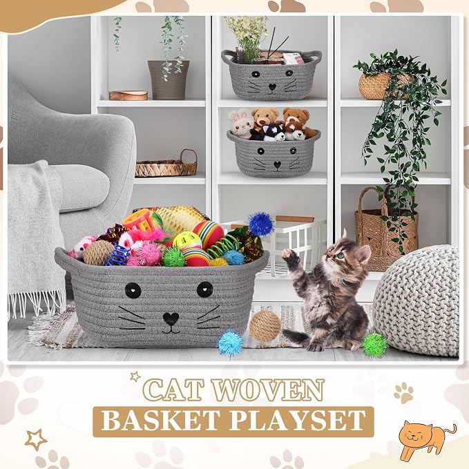 Zopeal 58 Pcs Summer Graduation Cat Storage Basket Gift Toys Set, Colorful Flashing Balls Pet Bell Crinkle Balls Spring Toys Attract Cat to Swat, Hunt, Interactive for Pet(Grey,9.8 Inch)