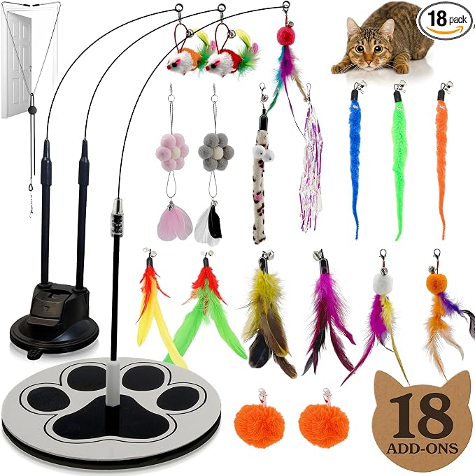 18-Piece Interactive Cat Toys for Indoor Cats, Cat Stuff Heavy Duty Self-Holding Floor Base & Suction Cup - Durable Feather Wand Bird Simulation Self Play Kitten Toys for Bored Adult Cats Juguete Gato