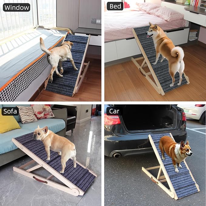 ZJSF Foldable Dog Ramp for High Bed, Wooden Dog Stairs to Bed for Small and Large Dogs, High Traction Platform with 6 Adjustable Heights (12.2"-26"), 39.7", Supports up to 230 lbs