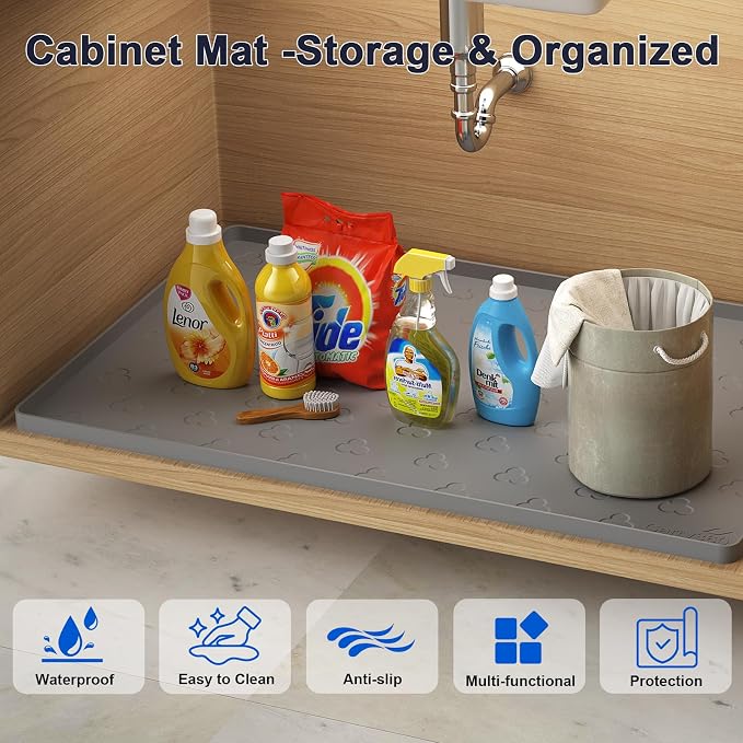 Under Sink Mat - Waterproof Kitchen Cabinet Tray - 34" x 22" Flexible Silicone Under Sink Liner - Kitchen Bathroom Cabinet Mat and Protector for Drips Leaks Spills