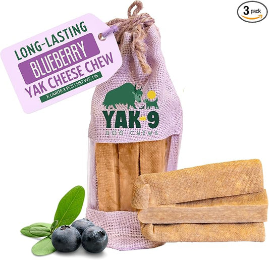 Yak9 Himalayan Blueberry Yak Cheese Chews | High Protein, Rawhide Free, Long Lasting Treats - Non GMO, Gluten Free, Grain Free Yak Milk Dog Chew | Extra Large 6oz (for Breeds 50-75 LBS), 3 PC