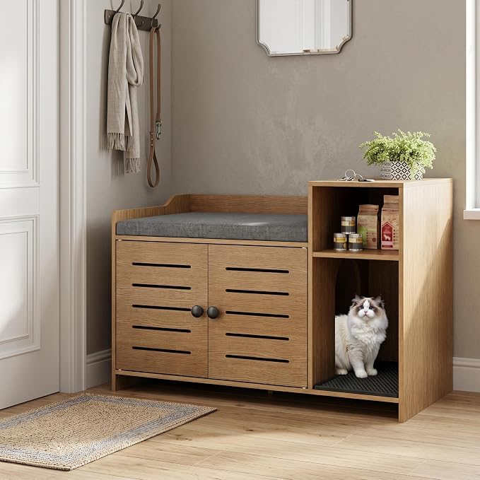 Hidden Cat Litter Box Furniture with Mark Pad – Large Wooden Cat Cabinet, Storage Shelf, Double Doors – Discreet Indoor Cat House for Hallway or Bedroom, Country Oak