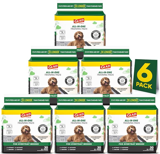 Glad for Pets Extra Large Charcoal Training Pads for Dogs and Puppies, Activated Carbon Odor Control, 6-Layer Absorbent Leak-Proof Pee Pads with Pheromone Attractant, 28 x 30 in, 30 Count - 6 Pack