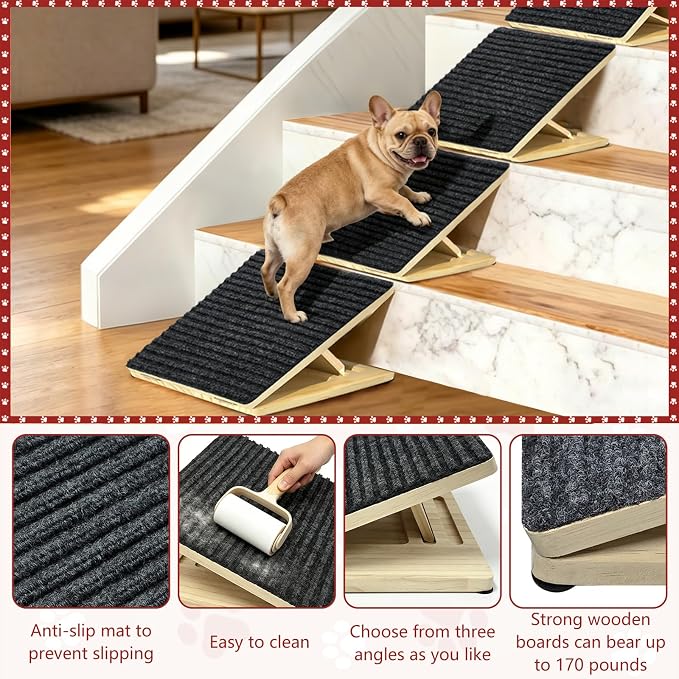 Dog Ramp for Stairs 4 Pack,Adjustable Height Wooden Pet Stair Wedges for Dogs & Cats,Foldable Indoor Step Ramp with High-Traction Carpet Surface for Large Senior Short-Legged Pets,Couch Bed