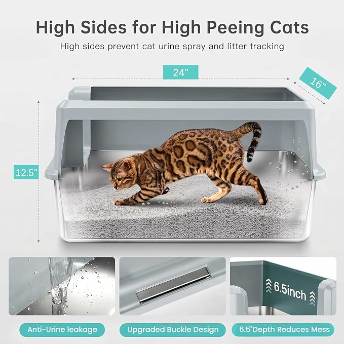 WoofiGo Stainless Steel Cat Litter Box with Lid, XL Extra Large Metal Kitty Litter Box Enclosed for Big Cats, High Sided, Anti-Urine Leakage, Non-Stick Bottom, Include Litter Mat & Metal Scoop (Gray)