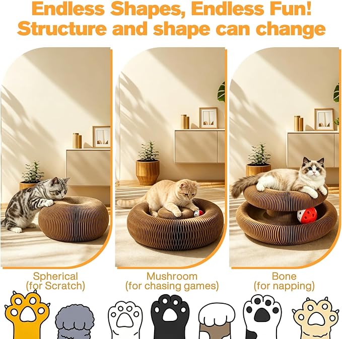 2 PCS Magic Organ Cat Scratcher Board with 6 Balls, Foldable Recyclable Accordion Cats Toy with Ball and Track Adventure, Cat Scratching Pad, Retractable Reversible Furniture Protector(Brown)