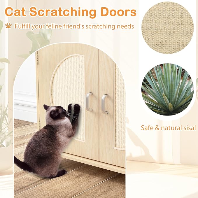 PETSITE Cat Litter Box Enclosure, Hidden Litter Box Furniture with Drawer and Adjustable Metal Feet, Wooden Pet House Side End Table, Indoor Litter Box Cabinet with Sisal Scratching Board Doors