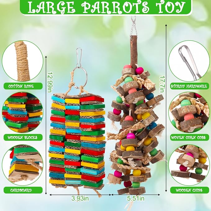 Soulchen 4 Pcs Extra Large Bird Parrot Toy Set Natural Wooden Chewing Toy, Rattan Ball, Wood Nut Loofah String (Bagged) for Large Macaws, African Grey, Parrots (Wood Leaf)