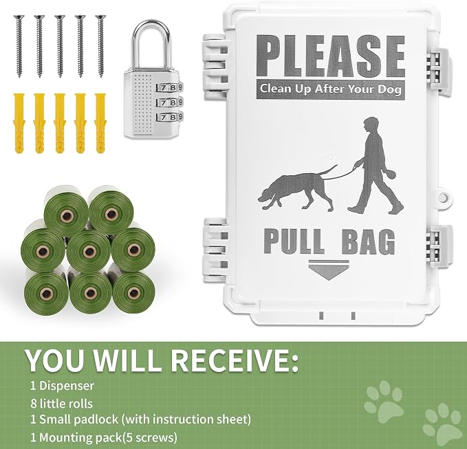 Dog Poop Bag Dispenser, Waterproof Outdoor Dog Bag Dispenser Holds Up to 8 Rolls of Waste bags, Outdoor Wall, Stake, Pole, Fence Mounted (dispenser+8rolls+lock)