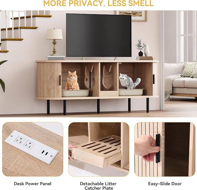 DWVO 55.1in Double Cat Litter Box Enclosure with Power Outlet, Wooden Kitty Litter Box TV Stand Furniture, Litter Box Furniture Hidden for 2 Cats, Light Oak