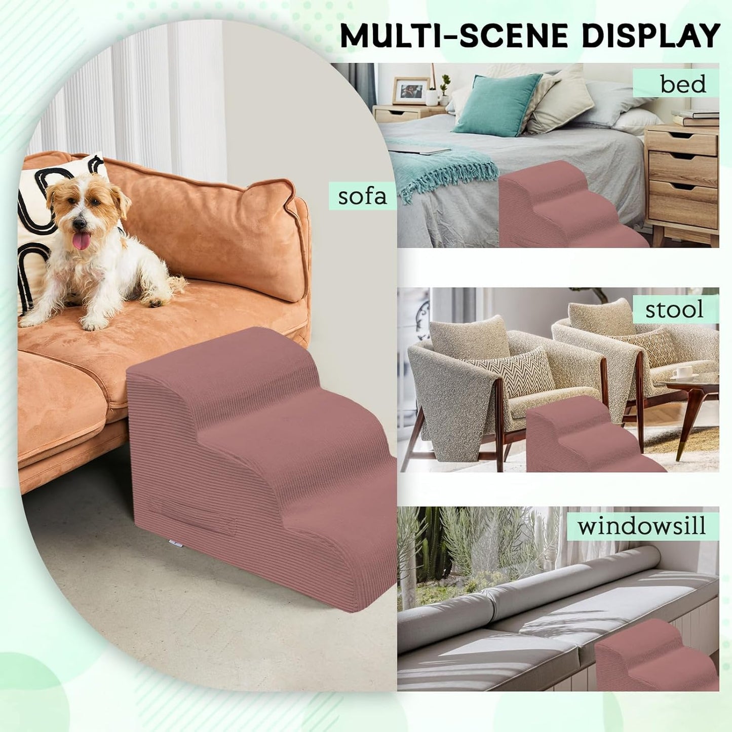Dog Steps for Small Dogs, 3-Step Pet Ramp Stairs for High Beds and Sofa, Non-Slip Pet Stairs for Small Dogs and Cats, Removable and Easy to Clean Cover, Pink