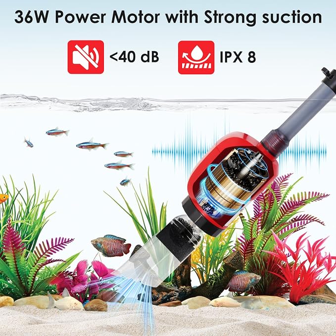 36W Electric Gravel Cleaner for Aquariums, Automatic Fish Tank Vacuum for Water Change & Sand Cleaning, with Adjustable Telescopic Pole for Large Tanks