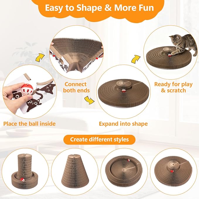 Coppthinktu Cat Scratcher, Interactive Cat Toys for Indoor Cats, Foldable Accordion Cardboard Scratching Board with Bell Ball, Cat Toy for Kitten Play, Chase & Exercise