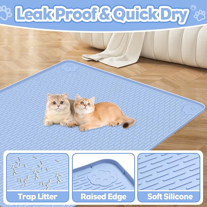 Cat Litter Mat, Extra Large 34" x 22" Silicone Mat Litter Trapping Mat for Scatter Control, Soft on Kitty Paws, Easy to Clean (Blue)