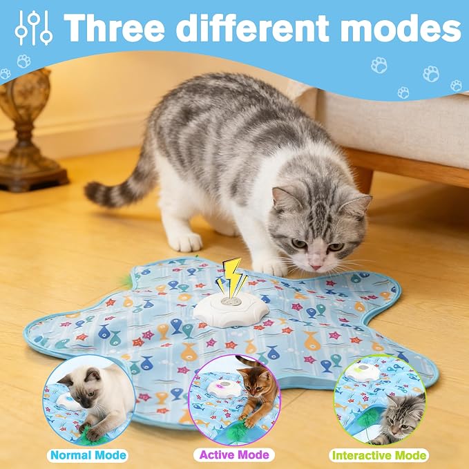 Interactive Cat Toy, Automatic Activated Hide and Seek Toys for Indoor Cats, with Moving Feathers, Switchable Mouse Sounds, Rechargeable