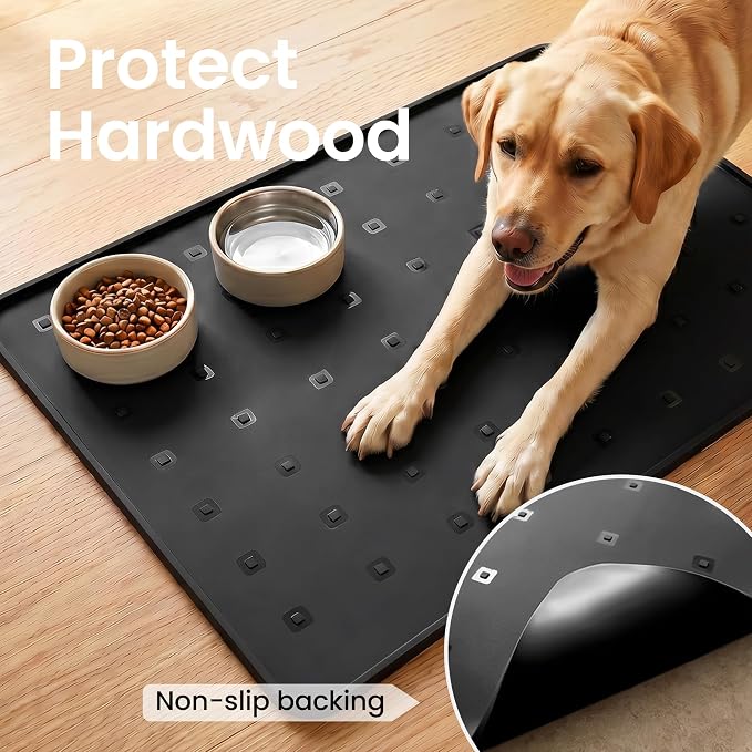 Silicone Pet Feeding Mat, 26x18 Inch Waterproof Dog Bowl Mat – Non-Slip, Machine Washable, Thin 0.28 Inch Edge for Messy Eaters, Protects Hardwood & Tile Floors, Black