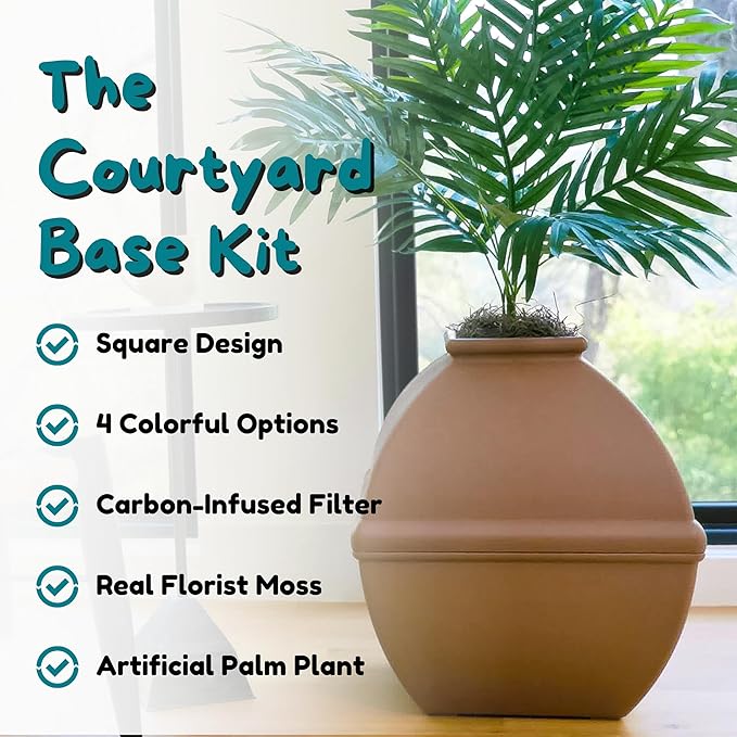 Good Pet Stuff Courtyard Hidden Litter Box Planter, Decorative Cat Litter Enclosure with Carbon Filter, Artificial Palm Plant, Square Design, Easy To Clean, Base Kit, Mocha Brown