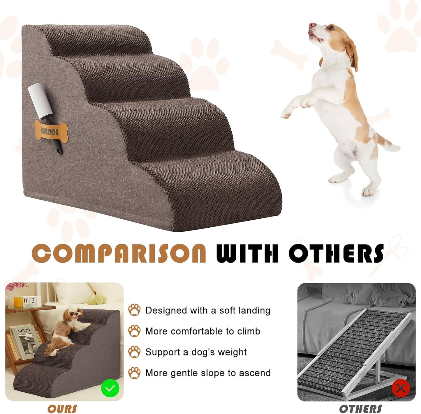 ROMROL Dog Stairs, Romrol Dog Steps Ramp for High Bed and Couch, Dog Ramp with Durable Non-Slip Waterproof Fabric Cover, Pet Stairs for Small Dogs and Cats or Pets Joints, 4-Tiers,Coffee