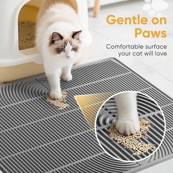 TRZZ XXL Extra Large Cat Litter Mat, Silicone Litter Box Mat for Floor, Waterproof & Non-Slip, Easy to Clean, Cat Litter Trapping Mat & Kitty Litter Catcher for Scatter Control (Khaki)