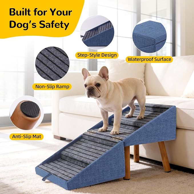 Dog ramp for Small Dogs, 2-in-1 Pet Steps & Ottoman - Foldable Dog ramp for Couch, Non-Slip Wooden Pet ramp for Puppy Senior Injured Dogs (Blue, XL(17.13H))