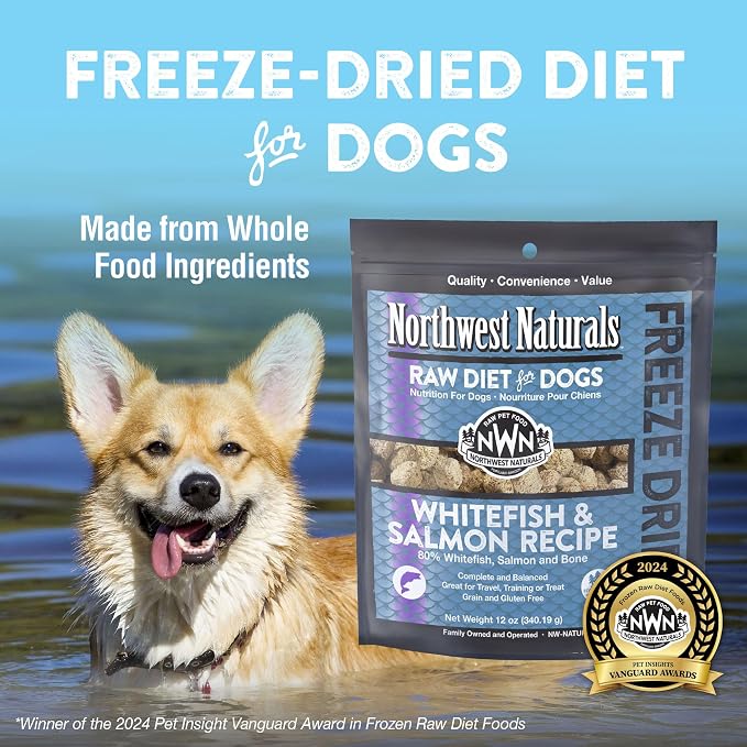 Northwest Naturals Freeze-Dried Whitefish & Salmon Dog Food - Bite-Sized Nuggets - Grain-Free, High-Protein, Raw Diet, Human-Grade Ingredients, All Natural, Omega-3 for Skin & Coat, Made in USA, 12 Oz