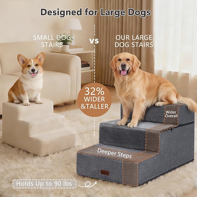 AODISMAN Dog Stairs for Large Dogs 18" H, Extra Wide Dog Steps for High Beds & Couches, 20" Wide Deep Steps, Non-Slip Dogs Ramp, 3-Step Pet Stairs, Grey