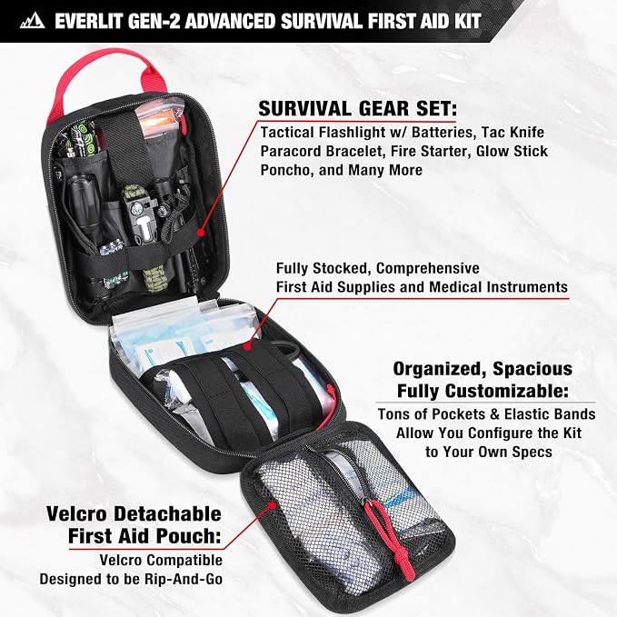 EVERLIT Survival Upgraded Survival First Aid Kit Emergency Gear Trauma Kit with 1000D Nylon Laser Cut Tactical EMT Pouch for Outdoor, Camping, Hunting, Hiking, Earthquake, Home, Office