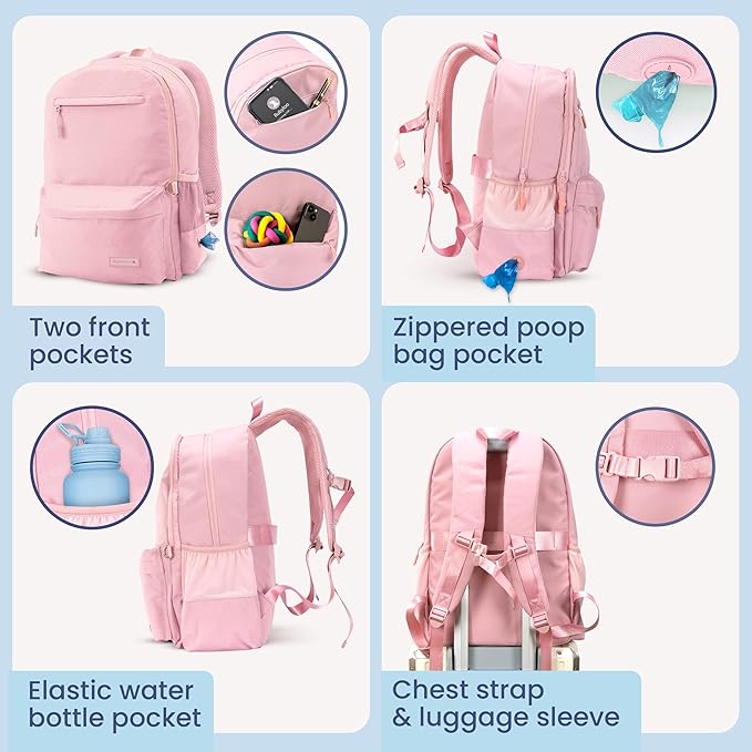Rubyloo The Original Doggy Bag Backpack (Dusty Pink) & 32 oz Insulated Water Bottle with Attached 8 oz Bowl (Life is Better with Dogs) – Dog Travel Backpack & Hydration Set