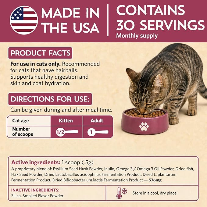 Hairball Buster Powder for Cats, Cat Hairball Treatment with Probiotics, Fiber & Omega 3, Digestive Support, Smoked Fish Flavor, 2 Billion CFU, 30 Servings - Pack of 2