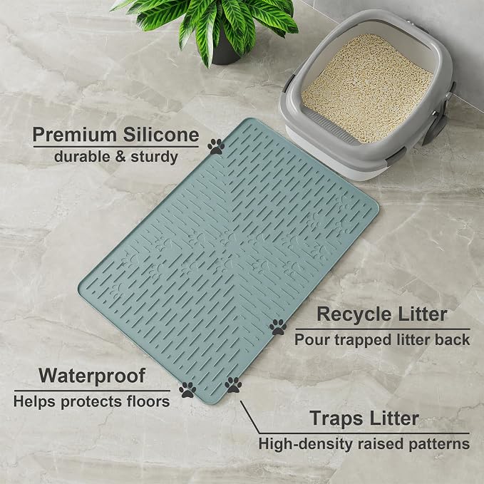 Cat Litter Mat Large Trapping Mat Premium Silicone Rubber 23.5x16 Light Blue, Waterproof and BPA Free Kitty Litter Box Mat, Easy to Clean and Keeps the Floor Tidy