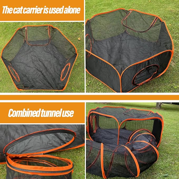 Outdoor Cat Enclosures for Indoor Cats with Tunnel, Portable Catio & Cat Playpen Tent for Outside - Orange Enclosed Pet Tent for Cats, Rabbit, Puppy & Small Animals