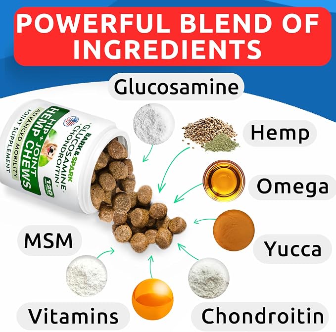 Bark&Spark Advanced Hemp Chews for Dog Joint Pain Relief - Glucosamine Chondroitin Hemp Treats Hip Joint Health - Joint Supplement Large Breed & Small - Treats Joints Old Senior Dog (120Ct/Bacon)