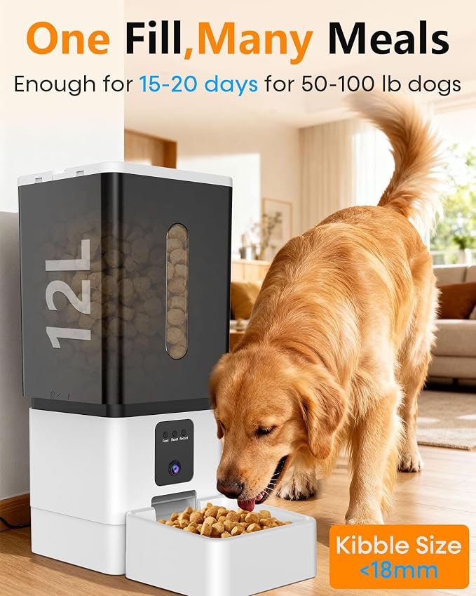 Large Breed Automatic Dog Feeder with 1080P HD Camera: 12L/50 Cups 20-Day Food Capacity for Busy Pet Owners - Anti-Clog 0.78inch Wide Outlet for Large Kibble