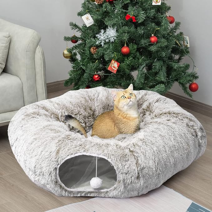 AUOON Cat Tunnel Bed for Indoor Cats - Large Cat Donut Tunnel with Hanging Ball Toy, Collapsible 2-in-1 Multifunctional Interactive Cat Toy for Kitten, Puppy, Rabbit, Ferret (Khaki)