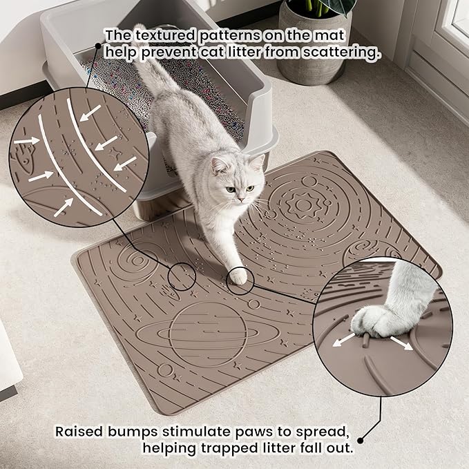 OHMO Cat Litter Mat Medium 23.6x15.7in, Beige Silicone Rubber Scatter Control Kitty Litter Box Trapping Mat, Waterproof Easy to Clean, Odorless Pet Supplies, Indoor Cat Essentials