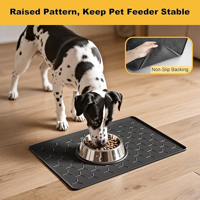 Pieviev 24''x16'' Dog Cat Food Bowl Mat, Silicone Waterproof Food Grade Pet Food Mat for Floor, High Raised Edge to Prevent Spills, Non-Slip & Easy Clean Pet Placemat for Dog & Cat Bowls, Black