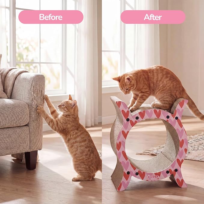 Nyan 16.5" Modern Cardboard Tunnel Cat Scratcher House with Catnip, Corrugated Indoor Cat Hideaway Den, Heart Pattern Scratching Surface for All Cats CSR1007C