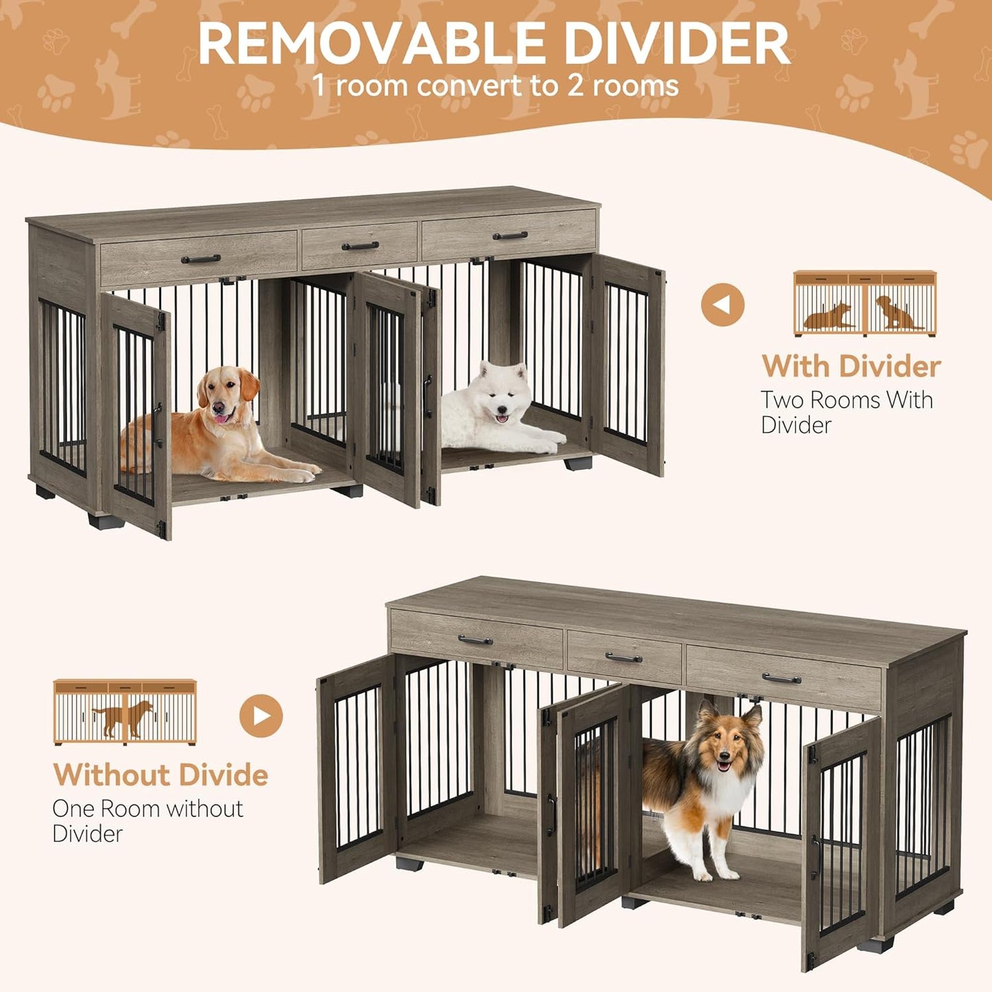 71 in Dog Crate Furniture for 2 Dogs, Wooden Double Dog Crate with 3 Drawers and Removable Room Divider, XXL Indoor Dog Kennel TV Stand End Table with Double Doors for Large Medium Dogs, Grey