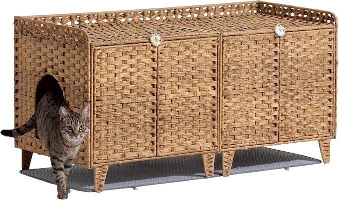 Rattan Litter Box Enclosure Double Room Cat Hidden Litterbox Furniture with Removable Litter Mat & 2 Hooks, Natural Cat House End Table, Easy Assembly, 47.2" l x 19.7" w x 23.6" h Natural