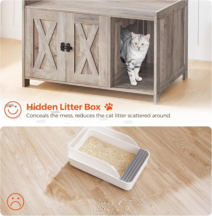MAHANCRIS Cat Litter Box Enclosure, Hidden Litter Box Furniture with Divider, Indoor Cat House, Wooden Cat Washroom Storage Cabinet Bench, Side End Table Nightstand, Greige CWHG2501Z
