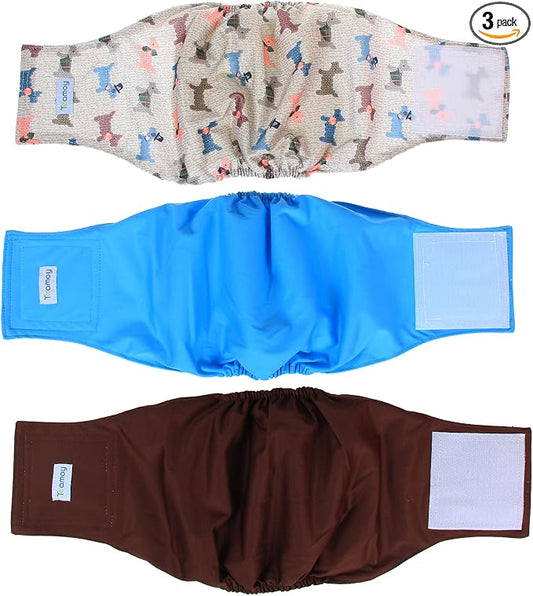 Teamoy Reusable Wrap Diapers for Male Dogs, Washable Puppy Belly Band Pack of 3 (L1, 16"-20" Waist, Light Blue+ Dogs+Coffee)