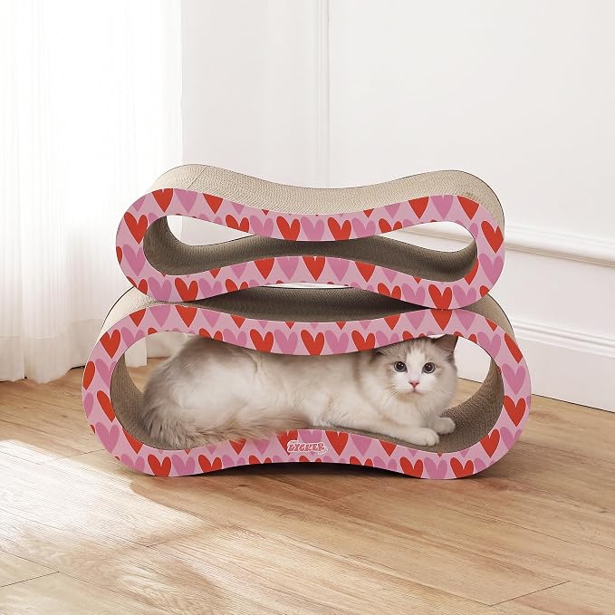 Suvi 26" Modern Cardboard Infinity 2-in-1 Lounge Bed Cat Scratcher with Catnip, Red Hearts, Corrugated Scratching Surface and Tunnel for Indoor Cats CSR1014H