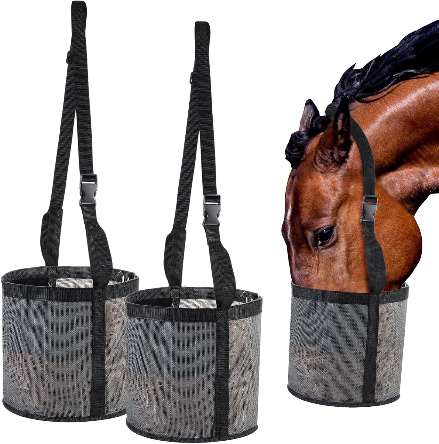 2 Pcs Horses Feed Horse Bag for Grain Hay Bags Heavy Duty Mesh Horse Feeder with Adjustable Strap Comfort Neck Pad Nose Pad and Waterproof Bottom Muzzle(Gray)