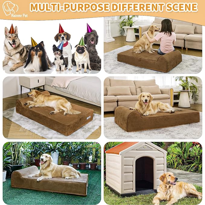 Rainmr Orthopedic Dog Beds for Large Dogs, 7" Memory Foam Dog Beds with Waterproof Liner, Durable Microsuede Cover, Removable and Washable, Nonskid Bottom, 60"x48"x7" XXL Chocolate