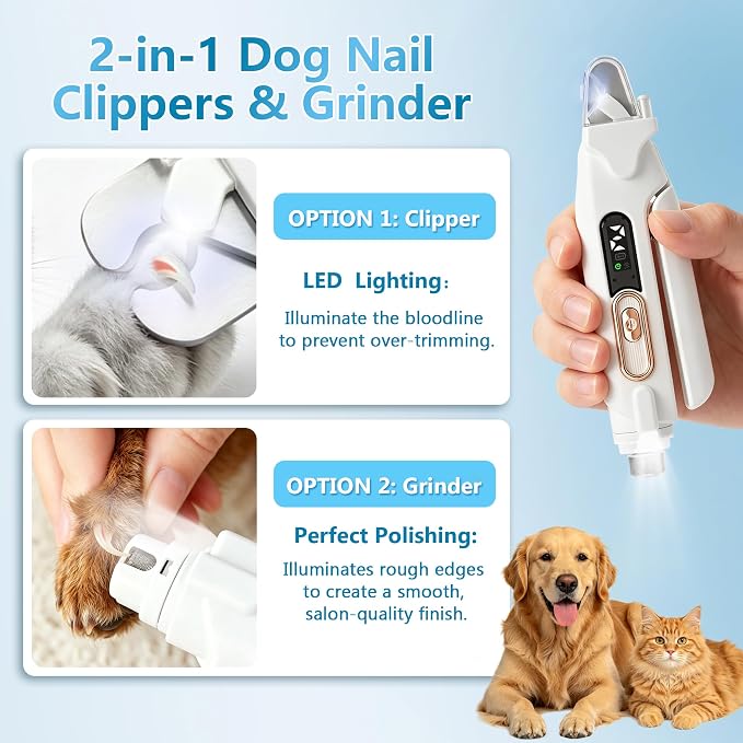2-in-1 Dog Nail Clippers and Grinder with Light, Quiet Electric Pet Nail Trimmer for Small Medium Large Dogs & Cats, 2 Speeds, Rechargeable, Splash Guard & Safety Lock, Painless Grooming Tool | dog nail clippers with quick sensor silent groom pro nail ...