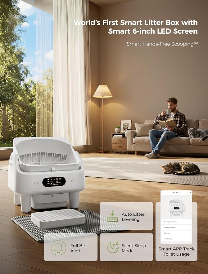 Automatic Litter Box, Cypcat Smart Self Cleaning Cat Litter Box Anti-Pinch, 10 Safety Sensors, Large Cat Litter Boxs for Multiple Cats, 5G & 2.4G WiFi, 6" LED Display, Odor Control Robot, White